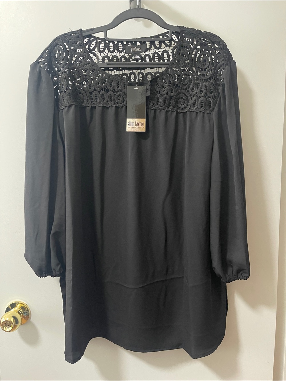 Slim Factor by Investments Black Crochet Yoke Blouse Size L
